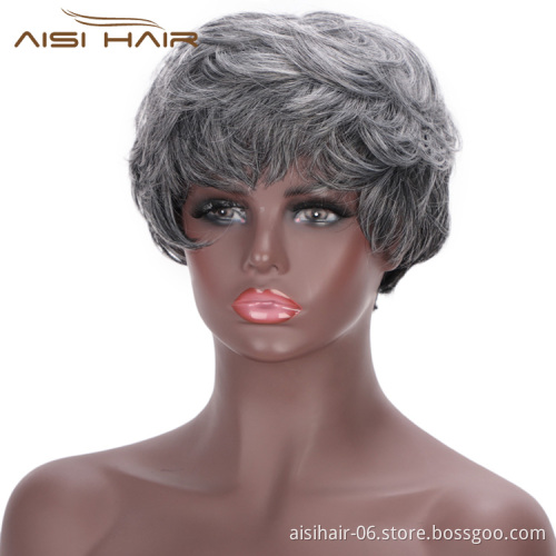 Aisi Hair Synthetic Ombre Grey Hair Bob Style Short Wigs for Women Black Cosplay Short Wigs with Neat Bangs
